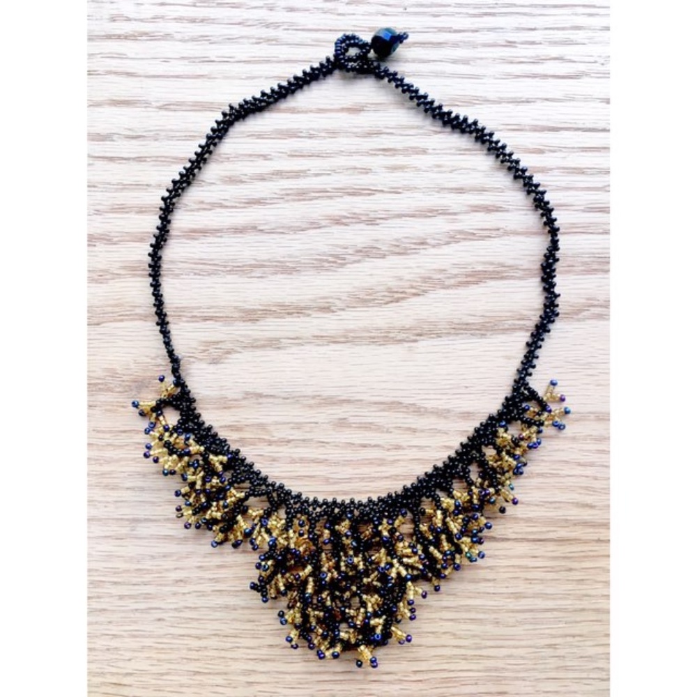 Handmade ✨ Black Gold Blue Beaded Evening Necklace